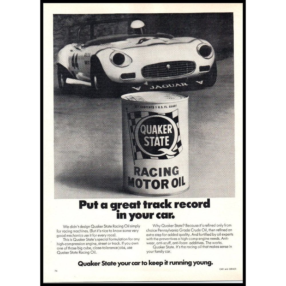 1976 Quaker State Motor Oil Vintage Print Ad Jag Jaguar Race Car Wall Art Photo